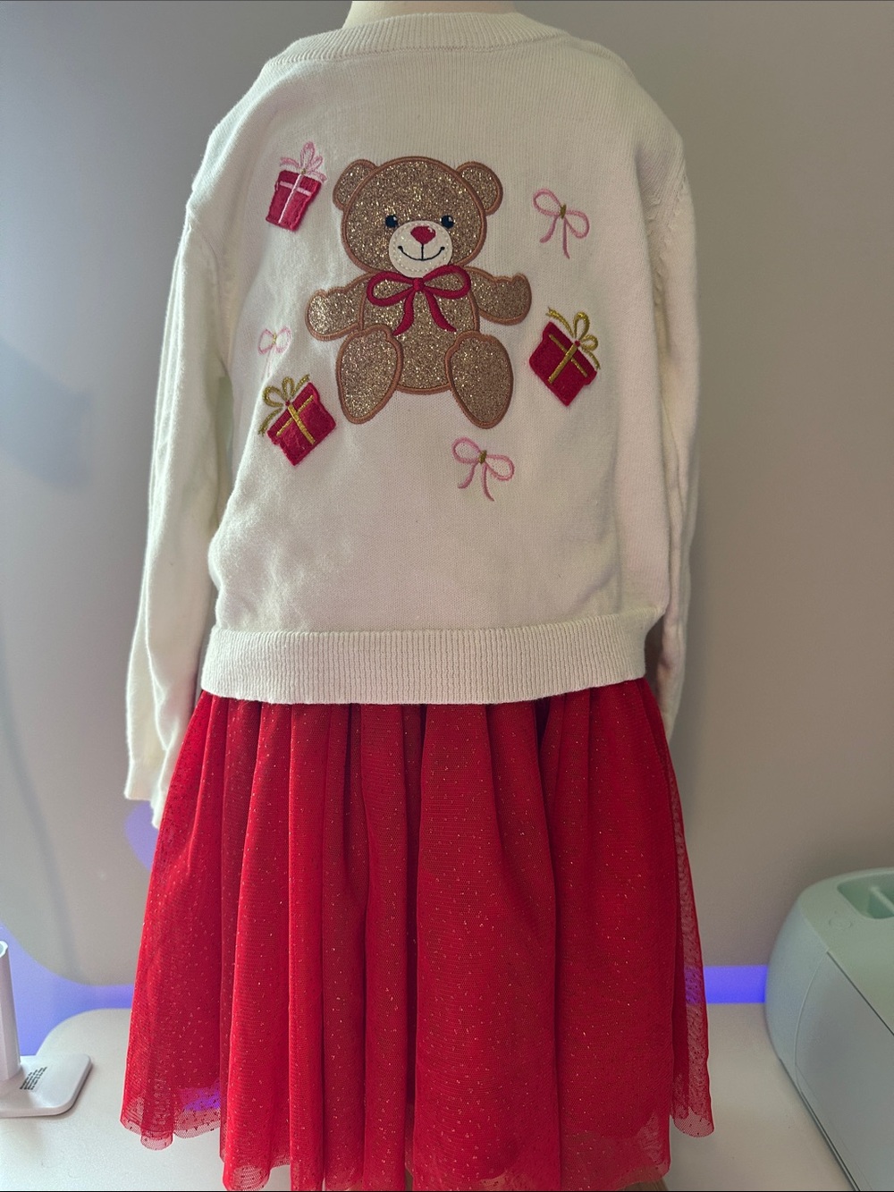 Rare Editions White & Red Glitter Tulle Skirt Dress